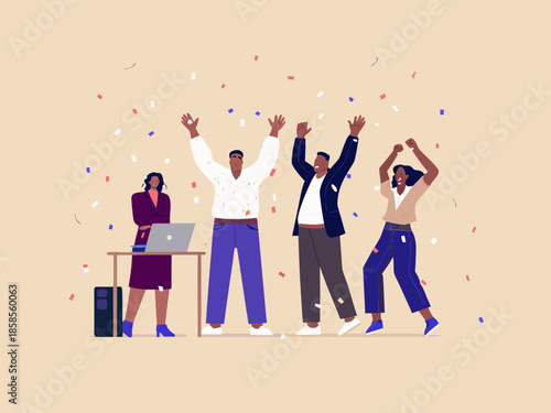 Celebrating success diverse team rejoices with confetti falling around them