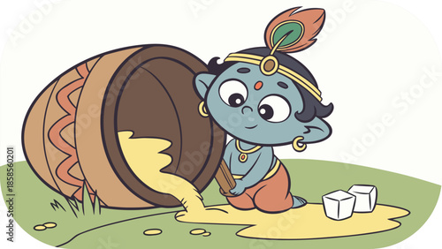 Cute cartoon baby Krishna spilling butter from a pot on grass hindu god hinduism