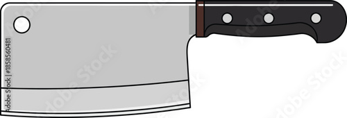 A detailed illustration of a large rectangular cleaver with a black handle