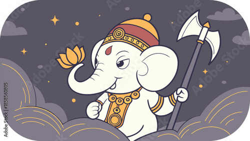 Cute Cartoon Ganesha Holding Lotus Flower and Axe in Celestial Setting Hindu deity