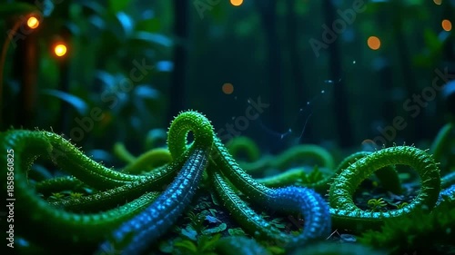 luminous wander burst roughage wander mesh, constitute lively web along angstrom fleeceable background, with radiant vine curve indiana angstrom lush, tropic show nether starlight.