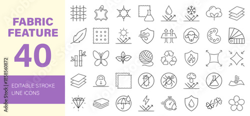 Fabric Feature 40 Icons Set of Material Properties Such as Waterproof, Breathable, Anti UV in Trendy Minimal Outline Style Editable Stroke Vector Illustration