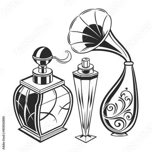 Vintage perfume bottles and horn