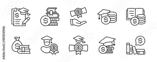 Finance and scholarship concept in education funding academic grants tuition costs expenses for student investment in future line and solid glyph illustration icons