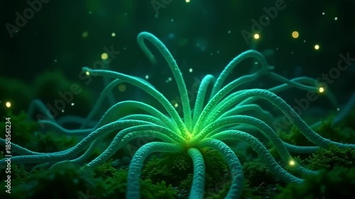 Radiant fibers explode fiber thread mesh, forming dynamic tendrils against a green background, with glowing orbs floating in a mystical, dreamy setting at midnight.