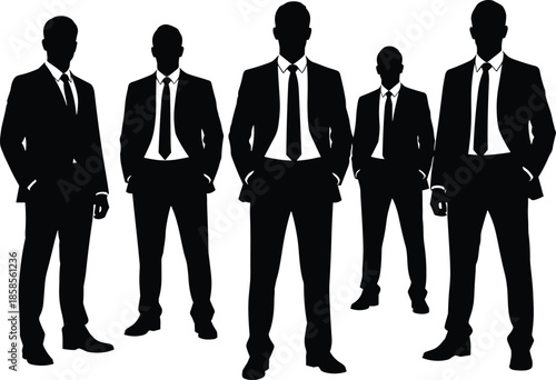 Set of five businessmen silhouettes standing in suits, corporate team leadership concept, black vector illustration isolated on white background.