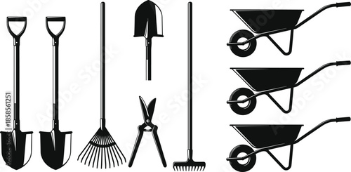 Set of gardening tools silhouettes including shovels rakes wheelbarrows and shears, black vector illustration isolated on white background.
