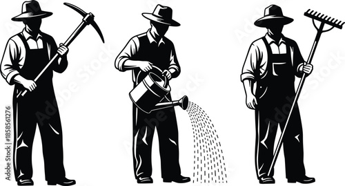 Set of three farmer silhouettes holding gardening tools, watering can and rake, black vector illustration isolated on white background.
