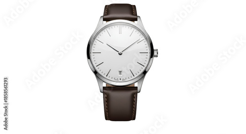 Silver Analog Watch with Brown Leather Strap white dial