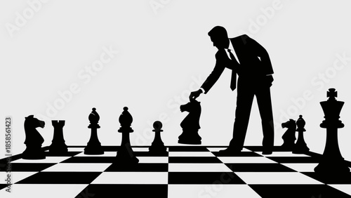 Businessman making strategic move on chessboard in suit