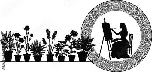 Silhouette of female artist painting on canvas inside ornamental circle, next to row of potted plants, black vector illustration.