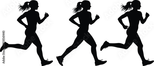 Silhouette of athletic woman running, female jogger exercising, black vector illustration isolated on white background for sport design.