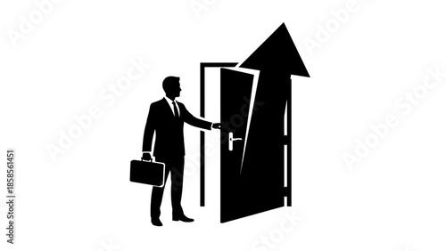 Businessman stepping through open door with upward arrow