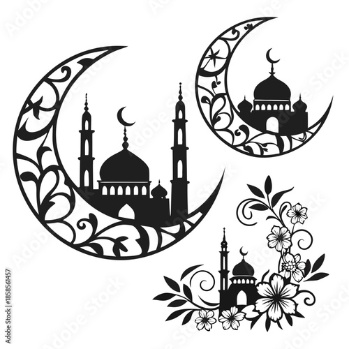 Islamic crescent and mosque silhouettes