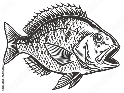 Detailed Line Art Illustration of a Fish with Open Mouth drawing black and white
