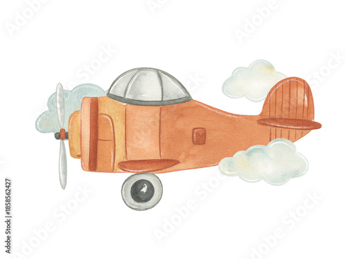 Hand Drawn Watercolor Orange Vintage Airplane Isolated