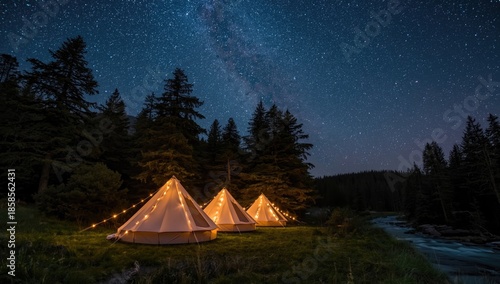 Wallpaper Mural Starry night camping scene with fairy-lit modern tents nestled in a pine forest, highlighting outdoor tourism and nighttime ambiance Torontodigital.ca
