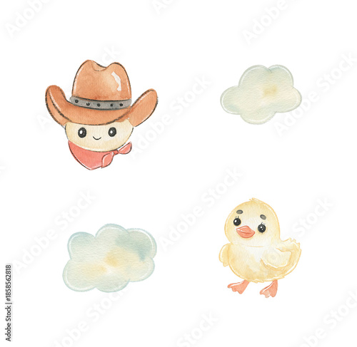 Cute cowpoke and chick illustrations with clouds in watercolor style