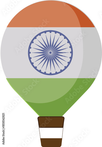 A hot air balloon designed with the colors and emblem of the Indian national flag, featuring saffron, white, and green stripes with a blue Ashoka Chakra.
