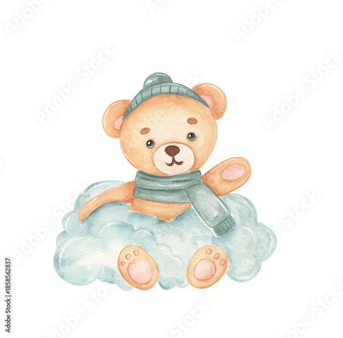 Cute bear sits on cloud in watercolor art piece