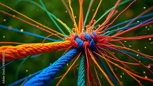 Colorful threads explode fiber thread mesh, weaving vibrant arcs on a green background, with golden sparks dancing in a lively, festive scene at midday.