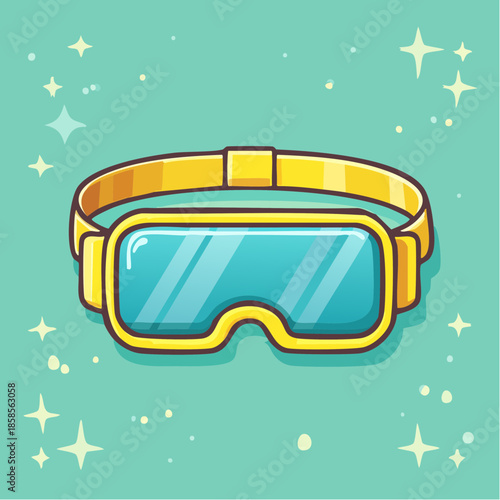Cartoon illustration of yellow virtual reality goggles with blue lenses on a teal background with stars.