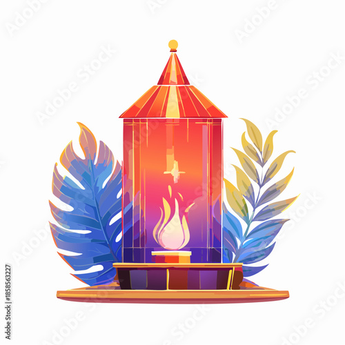 Illustration of a decorative eternal flame encased in glass with leaves behind it.