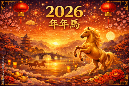 Chinese New Year 2026 illustration featuring golden horse, lanterns, fireworks, and traditional elements symbolizing prosperity and new beginnings