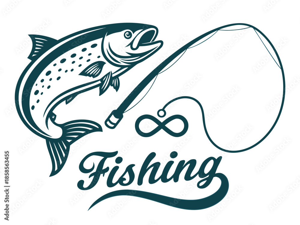 Obraz premium Fishing illustration with a jumping trout and fishing rod with the word Fishing vector