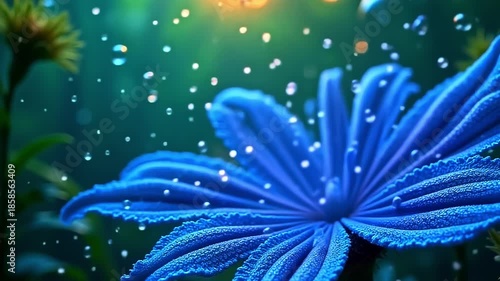 Vivid fibers explode fiber thread mesh, spiraling into dynamic tendrils against a green background, with shimmering bubbles floating in a dreamy, aquatic atmosphere at dusk.