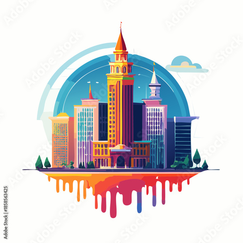 Colorful illustration of a city skyline with tall buildings and a vibrant, artistic style.