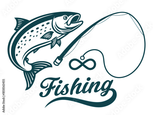 Fishing illustration with a jumping trout and fishing rod with the word Fishing vector