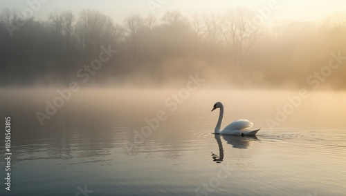 Serene scene of a mute swan moving over a misty lake, highlighting peaceful water habitats for wildlife study