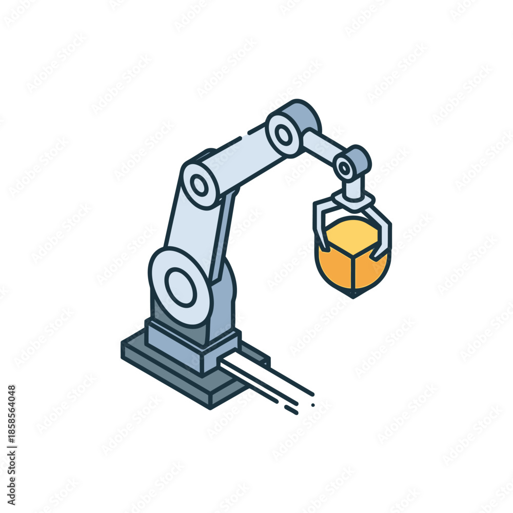 Fototapeta premium Modern isometric illustration of an industrial robotic arm precisely handling a component, symbolizing automation, smart manufacturing, and technological innovation in production