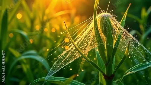 luminous wander burst roughage wander mesh, wander brilliant innovation along angstrom fleeceable background, with smooth dewdrop shine indiana angstrom serene, esthetic air astatine dawn.