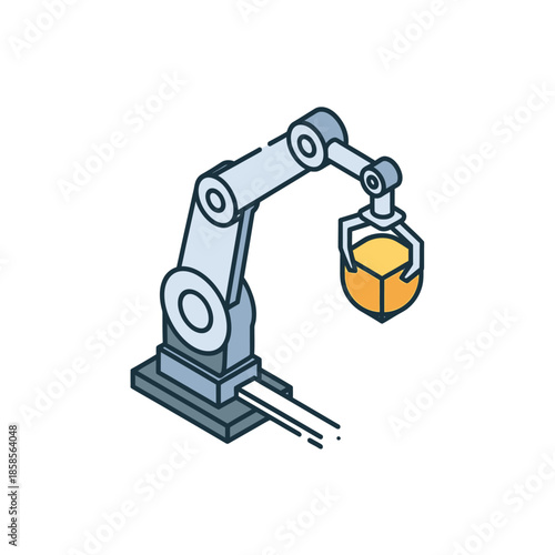 Modern isometric illustration of an industrial robotic arm precisely handling a component, symbolizing automation, smart manufacturing, and technological innovation in production