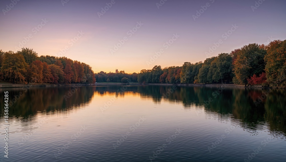Obraz premium Reflective lake surface captures colorful fall leaves and trees at dusk in an urban park setting