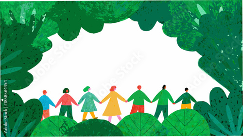A group of people holding hands framed by lush green foliage