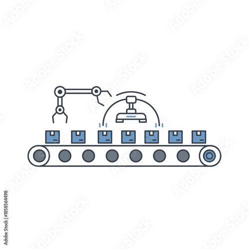Automated production line with robotic arm and conveyor belt moving boxes