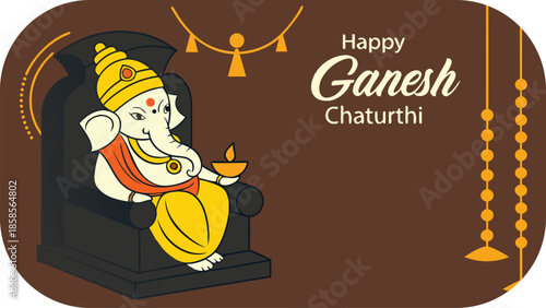 Ganesha Illustration with " Happy Ganesh Chaturthi" Text and Decorative Elements elephant god Hindu deity