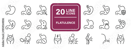 Flatulence line icons set stomach acid digestion heartburn disease medicine ulcer stomachache intestine bloating indigestion symptoms abdominal pain vector illustration