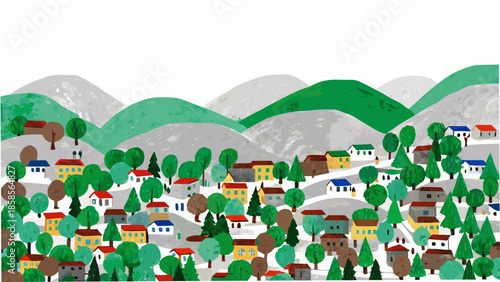 A colorful illustration of a village nestled among rolling green hills