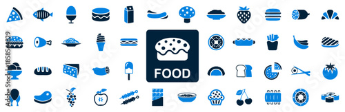 Food and Cuisine Vector Icons Set in Modern and Simple Style, Including Various Dishes and Ingredients in Blue Tones, Symbolizing Culinary Diversity
