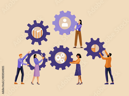 Teamwork and collaboration concept with people connecting gear mechanisms