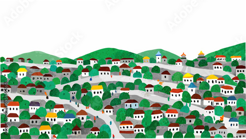 A charming illustrated town nestled amongst rolling green hills and trees