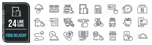Food Delivery Line Icons Set Collection Vector Illustration of Restaurant Cafe Online Order and Courier Service Scooter Transport Grocery Box Map Contactless Shipping