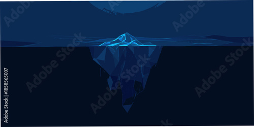 A striking illustration of a submerged iceberg in a dark blue ocean