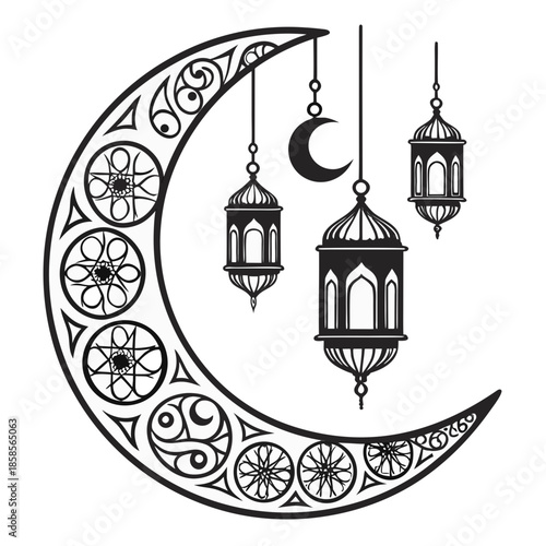 Intricate crescent moon with hanging lanterns