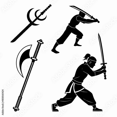 Silhouettes of warriors with weapons