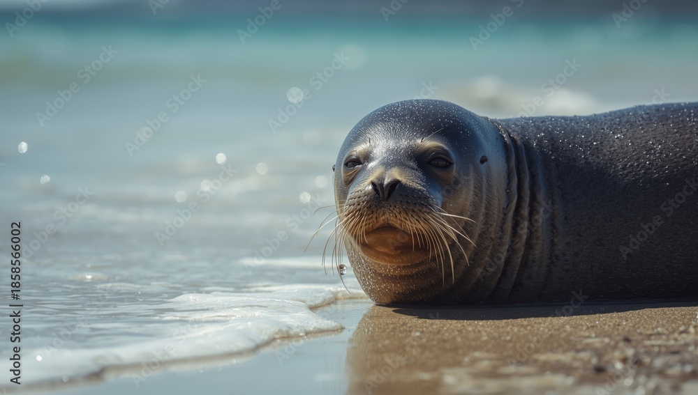 Fototapeta premium Seal lounging on the beach, coastal ecosystem, marine animal behavior study